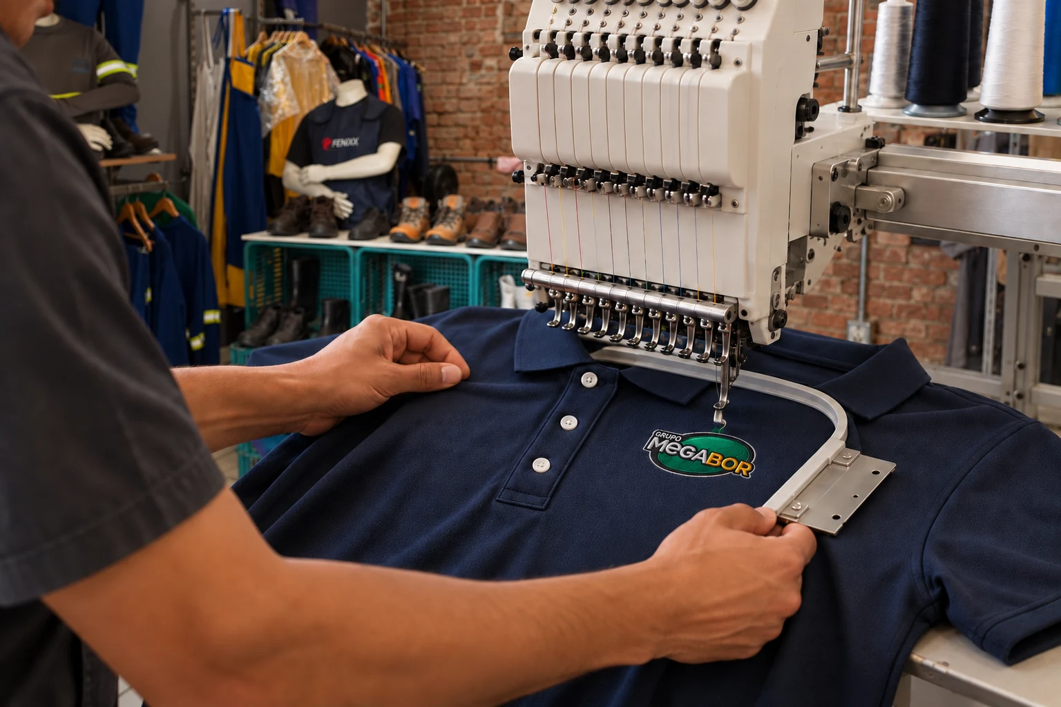 Bordado do logo Megabor em uma camisa polo