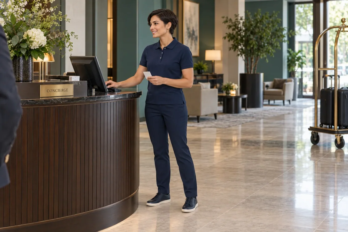 Profissional de polo azul-marinho atendendo na recepção de um hotel